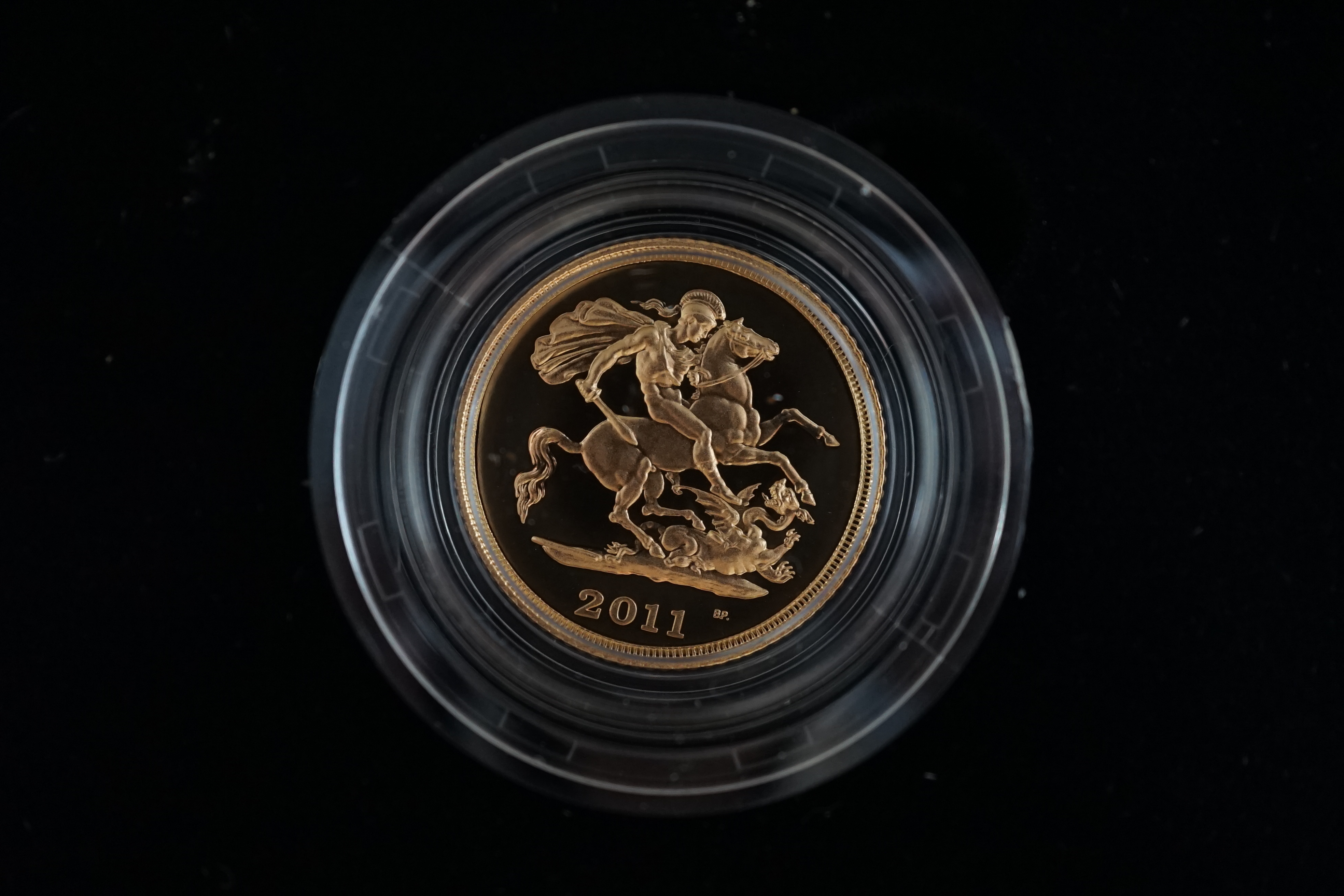 British gold coins, Elizabeth II, 2011 gold proof Sovereign three coin collection; sovereign, half sovereign and quarter sovereign, St. George and the dragon, in case of issue with certificate